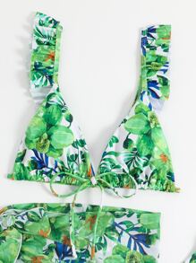 Allover Floral Print Ruffle Trim Summer Beach Bikini Set With Beach Skirt - Multicolor - View 4