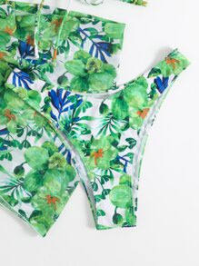 Allover Floral Print Ruffle Trim Summer Beach Bikini Set With Beach Skirt - Multicolor - View 7
