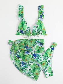 Allover Floral Print Ruffle Trim Summer Beach Bikini Set With Beach Skirt - Multicolor - View 6