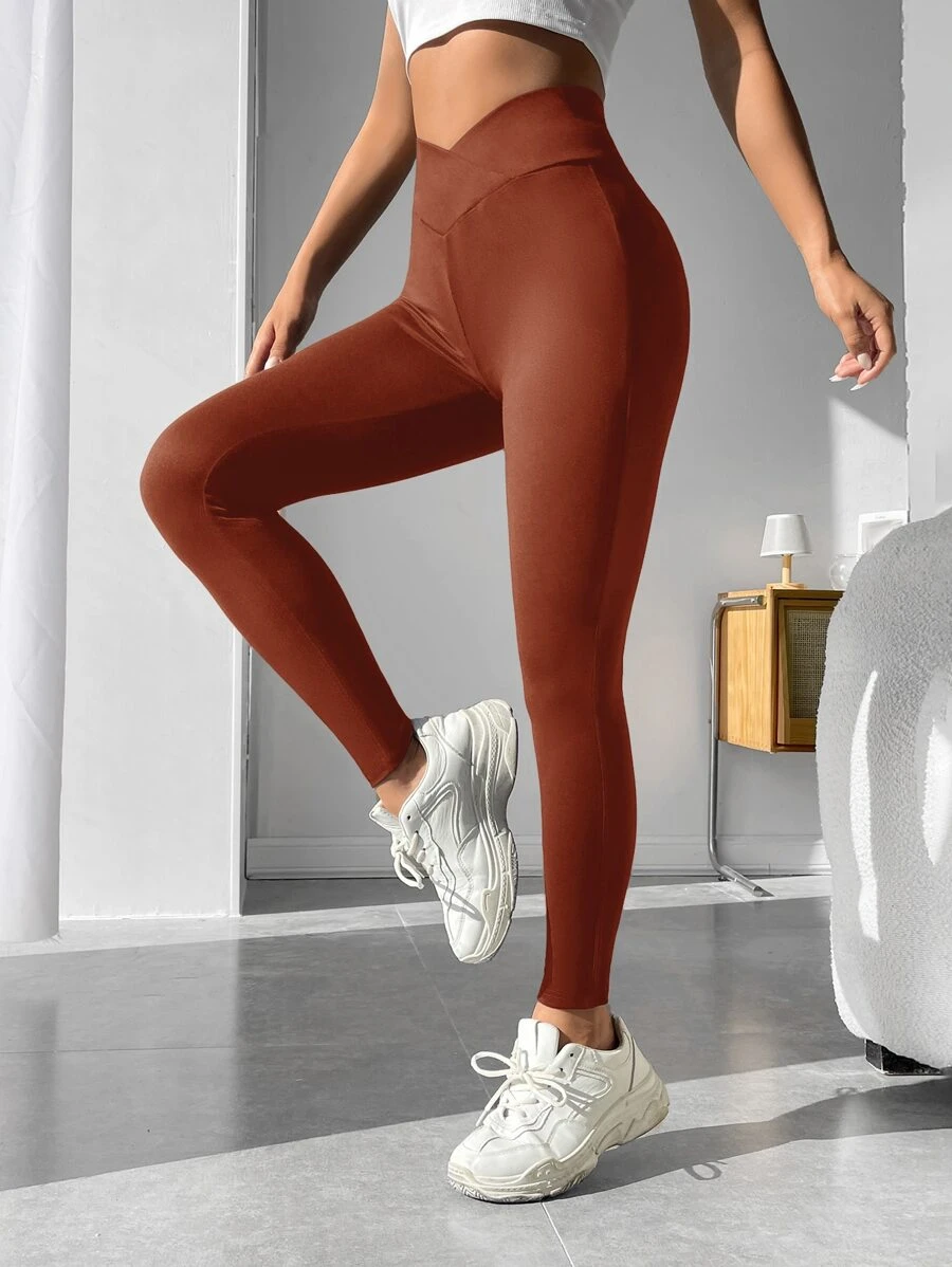 SHEIN PETITE Solid Overlap Wideband Waist Leggings - Rust Brown - View 1