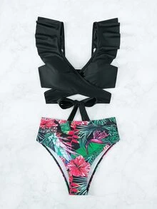 Tropical Print Ruffle Trim Summer Beach Bikini Set - Multicolor - View 6