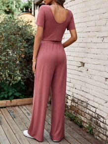 SHEIN LUNE Camiseta unicolor & Pantalones de pierna ancha - Rosa vieja - Ver 2