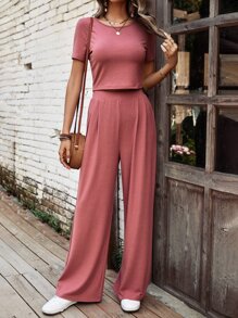 SHEIN LUNE Camiseta unicolor & Pantalones de pierna ancha - Rosa vieja - Ver 4