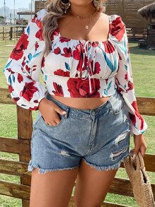 SHEIN Holidaya Plus Floral Print Knot Front Lantern Sleeve Crop Blouse - White - View 4