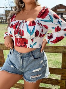 SHEIN Holidaya Plus Floral Print Knot Front Lantern Sleeve Crop Blouse - White - View 6