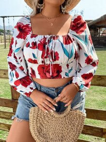 SHEIN Holidaya Plus Floral Print Knot Front Lantern Sleeve Crop Blouse - White - View 2