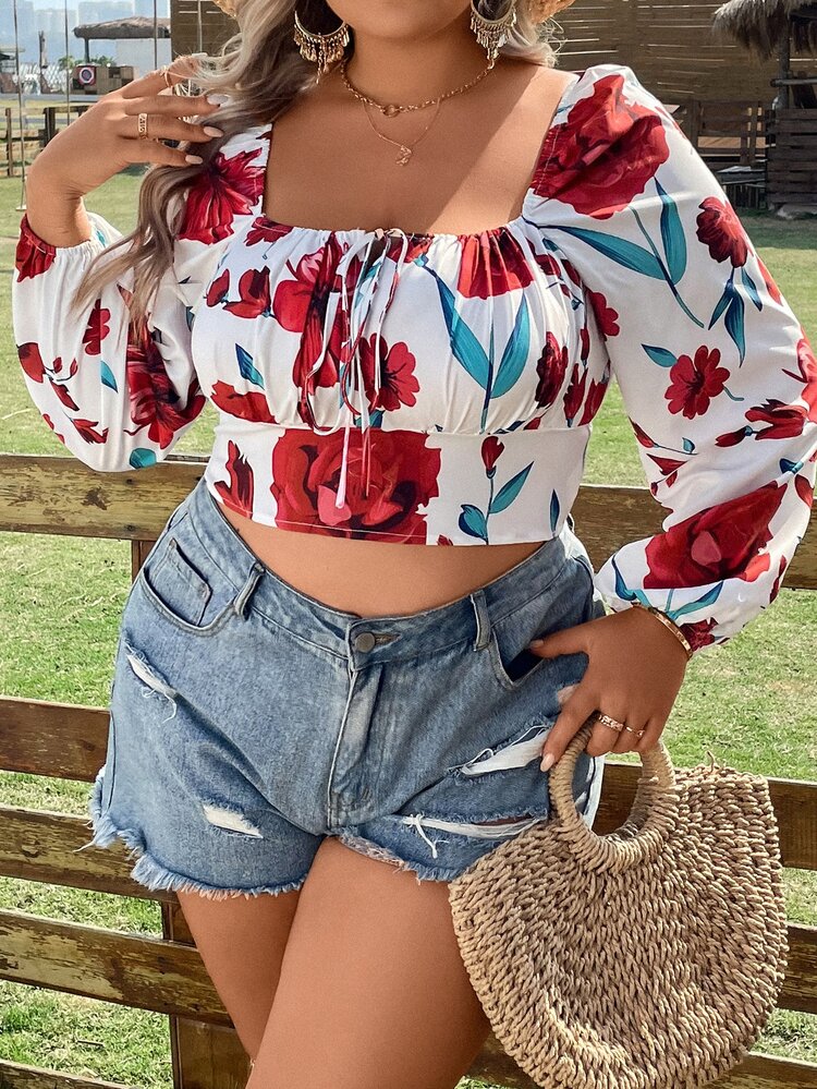 SHEIN Holidaya 大碼印花前打結燈籠袖短款襯衫 - 白色 - 查看 3