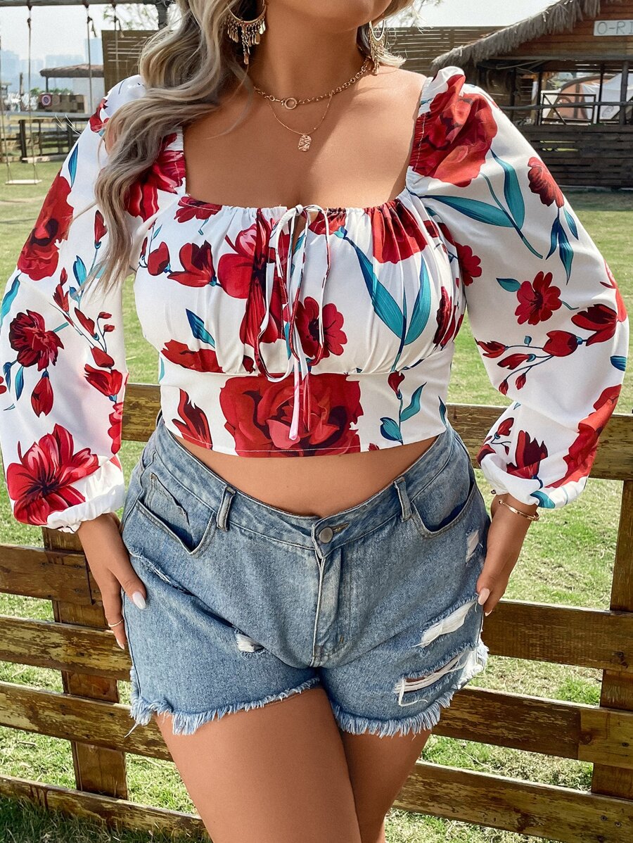 SHEIN Holidaya Plus Floral Print Knot Front Lantern Sleeve Crop Blouse - White - View 1