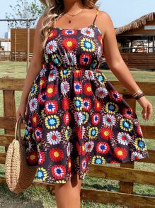 SHEIN Holidaya Plus Allover Print Cami Dress - Multicolor - View 1