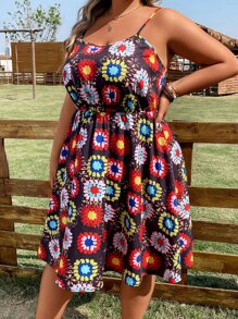 SHEIN Holidaya Plus Allover Print Cami Dress - Multicolor - View 5