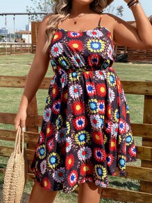 SHEIN Holidaya Plus Allover Print Cami Dress - Multicolor - View 7