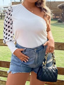 SHEIN LUNE Top con estampado de lunares de un hombro - Blanco - Ver 6