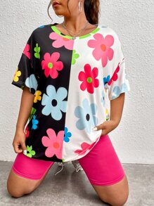 SHEIN Qutie Camiseta de hombros caídos con estampado floral - Multicolor - Ver 2