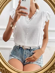 SHEIN Frenchy 圓點拼接水溶蕾絲蝴蝶袖襯衫 - 白色 - 查看 1