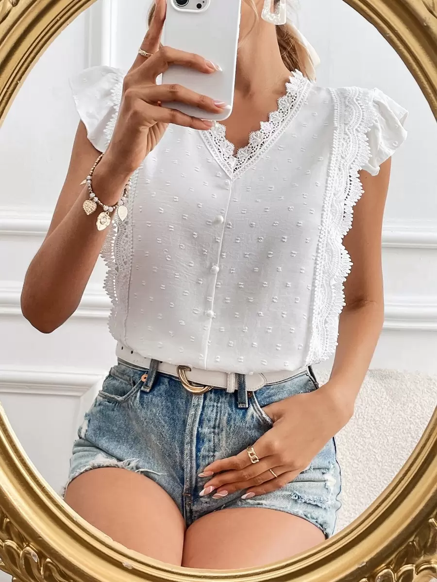 SHEIN Frenchy 圓點拼接水溶蕾絲蝴蝶袖襯衫 - 白色 - 查看 1