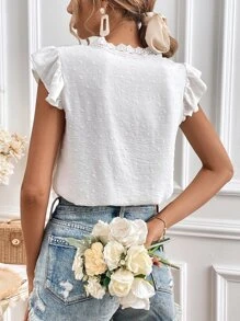 SHEIN Frenchy 圓點拼接水溶蕾絲蝴蝶袖襯衫 - 白色 - 查看 2