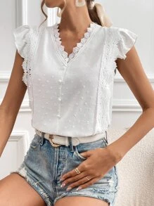 SHEIN Frenchy 圓點拼接水溶蕾絲蝴蝶袖襯衫 - 白色 - 查看 4