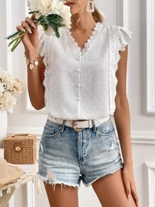 SHEIN Frenchy 圓點拼接水溶蕾絲蝴蝶袖襯衫 - 白色 - 查看 6