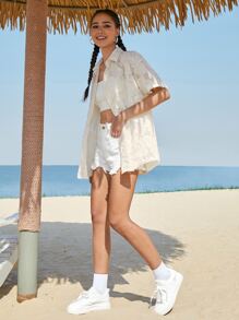 SWAVVY 1件鬆身純色扣前衣 - 杏色 - 查看 6