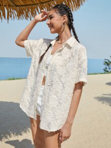 SWAVVY 1件鬆身純色扣前衣 - 杏色 - 查看 8