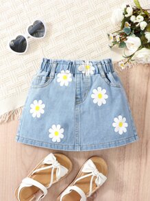 SHEIN Vintaside Kids Young Girl Floral Print Paperbag Waist Denim Skirt Summer Holiday