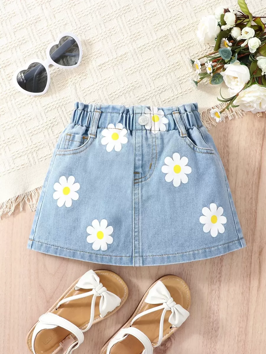 SHEIN Vintaside Kids Young Girl Floral Print Paperbag Waist Denim Skirt Summer Holiday