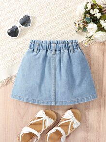 SHEIN Vintaside Kids Young Girl Floral Print Paperbag Waist Denim Skirt Summer Holiday