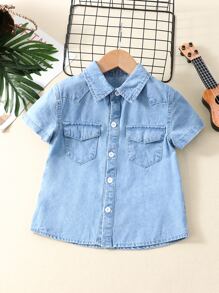 小男童翻蓋口袋牛仔襯衫不帶T恤