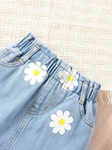 SHEIN Vintaside Kids Young Girl Floral Print Paperbag Waist Denim Skirt Summer Holiday