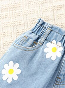 SHEIN Vintaside Kids Young Girl Floral Print Paperbag Waist Denim Skirt Summer Holiday