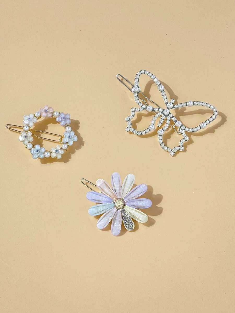 3pcs Flower & Butterfly Decor Hair Clip - Multicolor - View 1