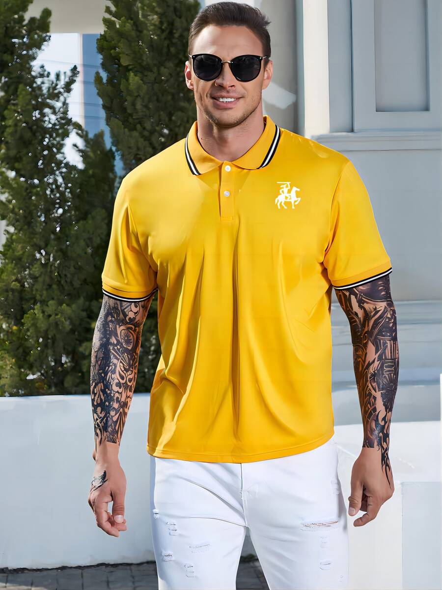 Manfinity Men Plus Striped Trim Polo Shirt - Yellow - View 1