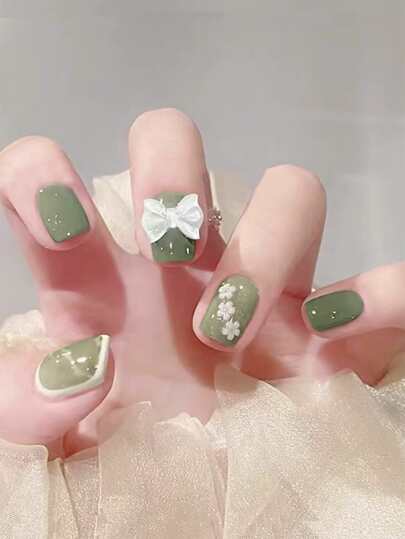 Elevate Your Style With 24pcs Long Square 3D Green Bow Flower Decor Fake Nail & 1pc Nail File & 1sheet Nail Tape Press On Nails Nail Supplies