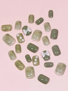 24入組長方形3D綠色蝴蝶結花裝飾假指甲及1入組指甲文件及1張指甲貼紙，按壓式人造指甲，提升您的造型，美甲用品