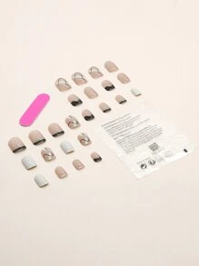 24 chiếc Móng tay giả sọc vuông ngắn & 1 tấm băng keo & 1 dũa móng tay - Nhiều màu - Xem 2