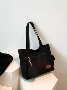 Bolso de compras con parche de letra y monedero Bolso escolar para graduados, adolescentes, estudiantes de primer año, segundo año, tercer año y cuarto año de universidad, escuela secundaria y universidad, perfecto para exteriores, viajes y regreso a la escuela. Bolso escolar, gran capacidad, clásico casual, portátil, adecuado para adolescentes, mujeres y estudiantes universitarios, perfecto para volver a la escuela, compras, escuela secundaria, universidad