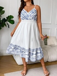 SHEIN Clasi Vestido de tirantes con estampado geométrico con fleco con cordón delantero bajo con fruncido - Blanco - Ver 4