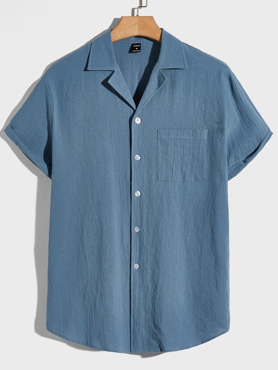 Manfinity VCAY Hombres Camisa algodón unicolor con botón delantero - Neblina azul - Ver 1