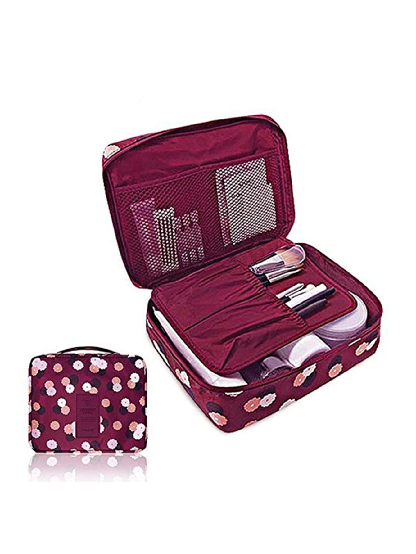 1入組花卉圖案儲物袋旅行用滌綸旅行儲物袋 - 酒紅色 - 查看 1