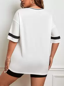 SHEIN EZwear Plus Letter Graphic Drop Shoulder Oversized White Tee, Summer - White - View 2