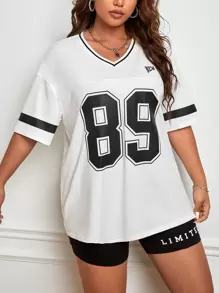 SHEIN EZwear Plus Letter Graphic Drop Shoulder Oversized White Tee, Summer - White - View 4