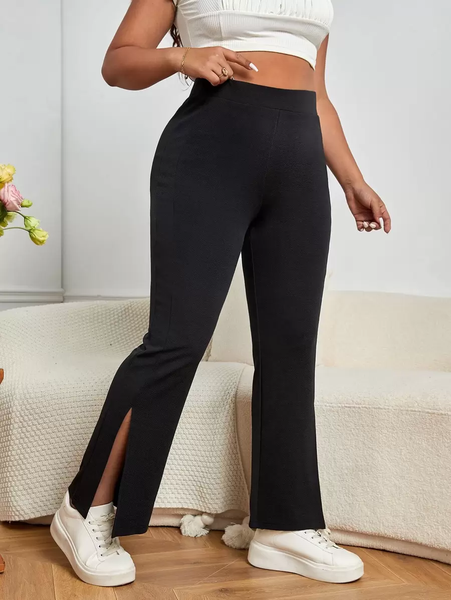 SHEIN Essnce Plus Split Hem Flare Leg Trousers - Black - View 1