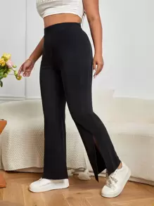 SHEIN Essnce Plus Split Hem Flare Leg Trousers - Black - View 3