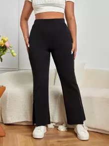 SHEIN Essnce Plus Split Hem Flare Leg Trousers - Black - View 4