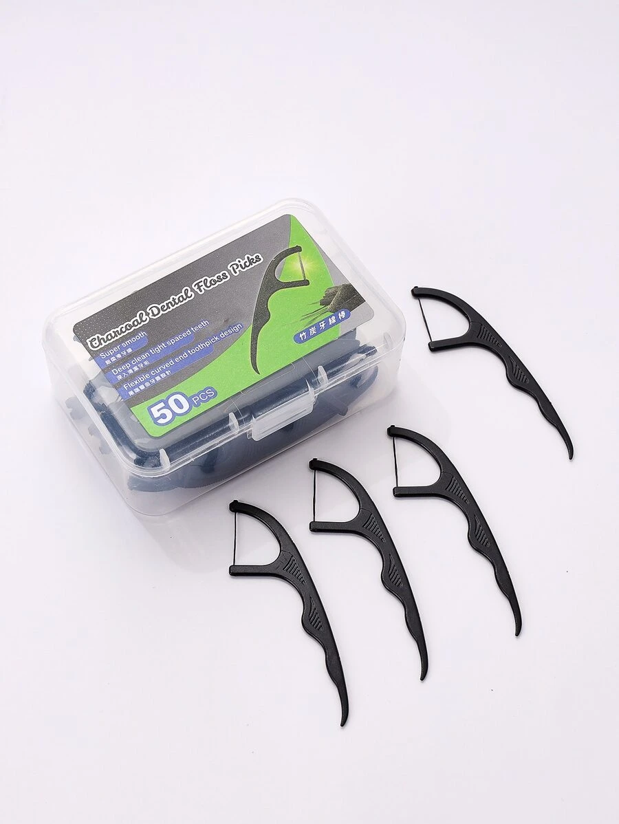 Clean Teeth Dental Floss Pick, 50pcs Plastic Disposable Bamboo Charcoal Teeth Clean Dental Floss Travel - Black - View 1