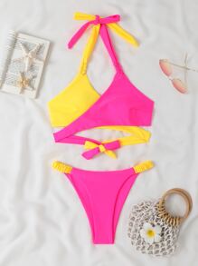 雙色包裹式領繞式夏日沙灘比基尼套裝 - 彩色 - 查看 5