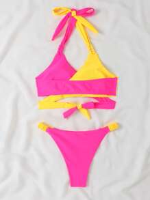 雙色包裹式領繞式夏日沙灘比基尼套裝 - 彩色 - 查看 6