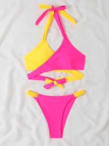 雙色包裹式領繞式夏日沙灘比基尼套裝 - 彩色 - 查看 7