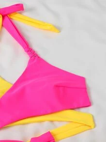 雙色包裹式領繞式夏日沙灘比基尼套裝 - 彩色 - 查看 3