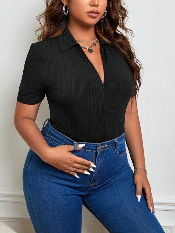 SHEIN Unity Plus Ribbed Knit Half Zip Bodysuit SHEIN USA